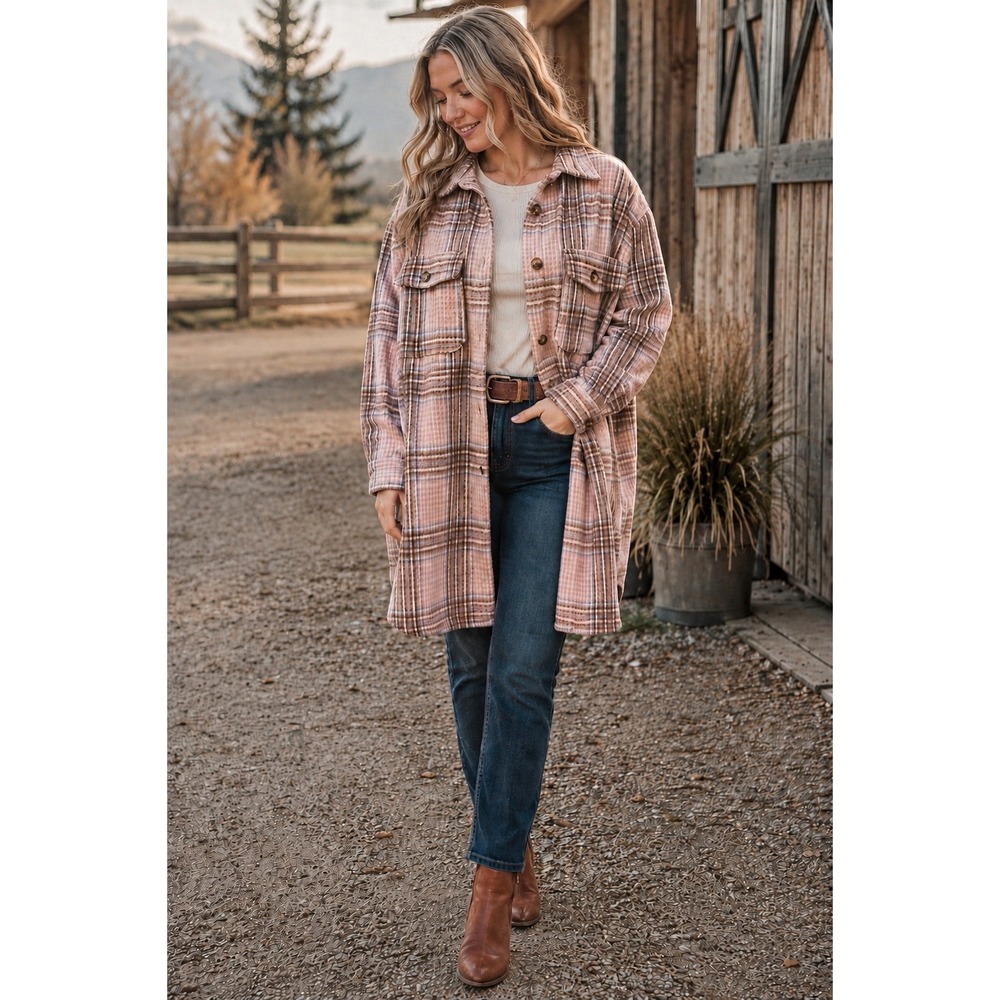 Veveret‎ Womens Pink Plaid Longline Shacket Oversized Flannel Shirt Jacket Large